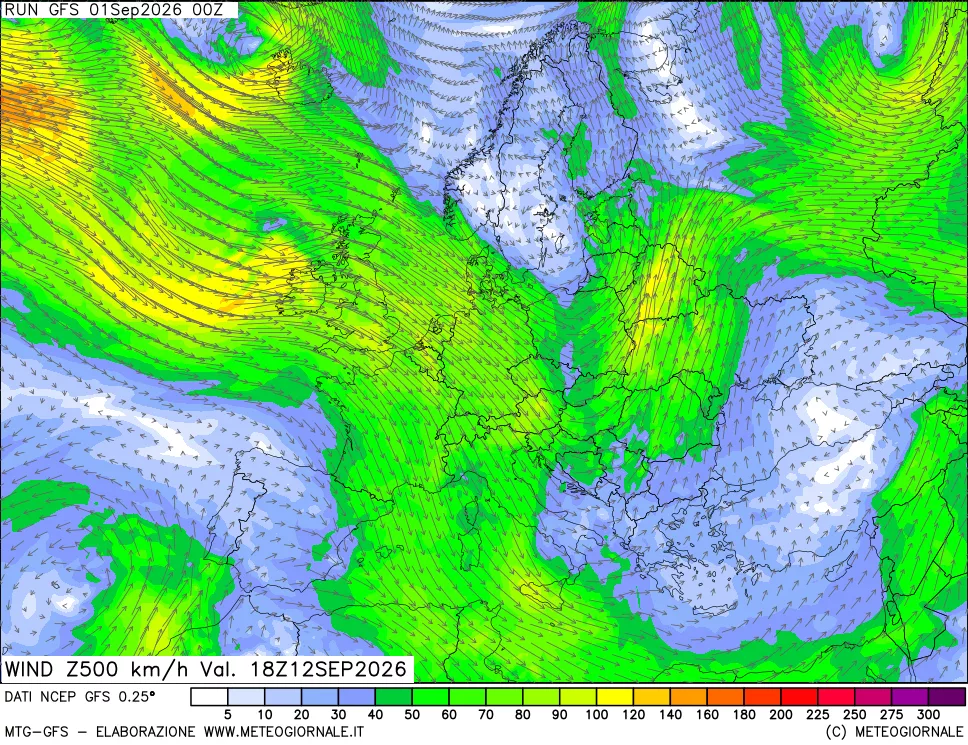 mappa 500 hPa Vento forza e direzione