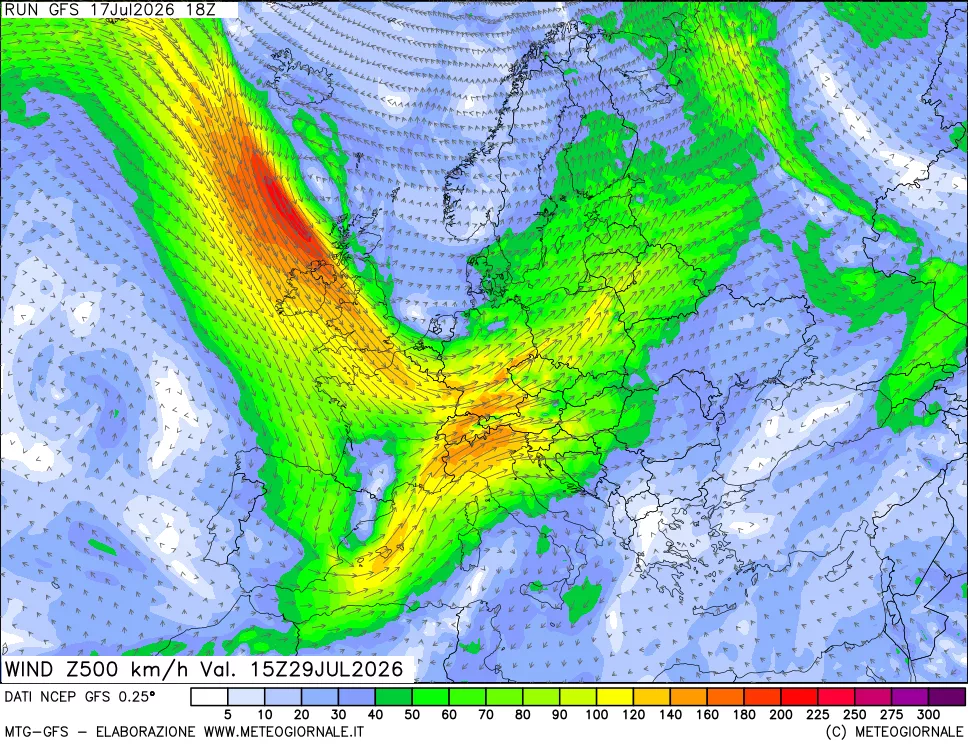 mappa 500 hPa Vento forza e direzione
