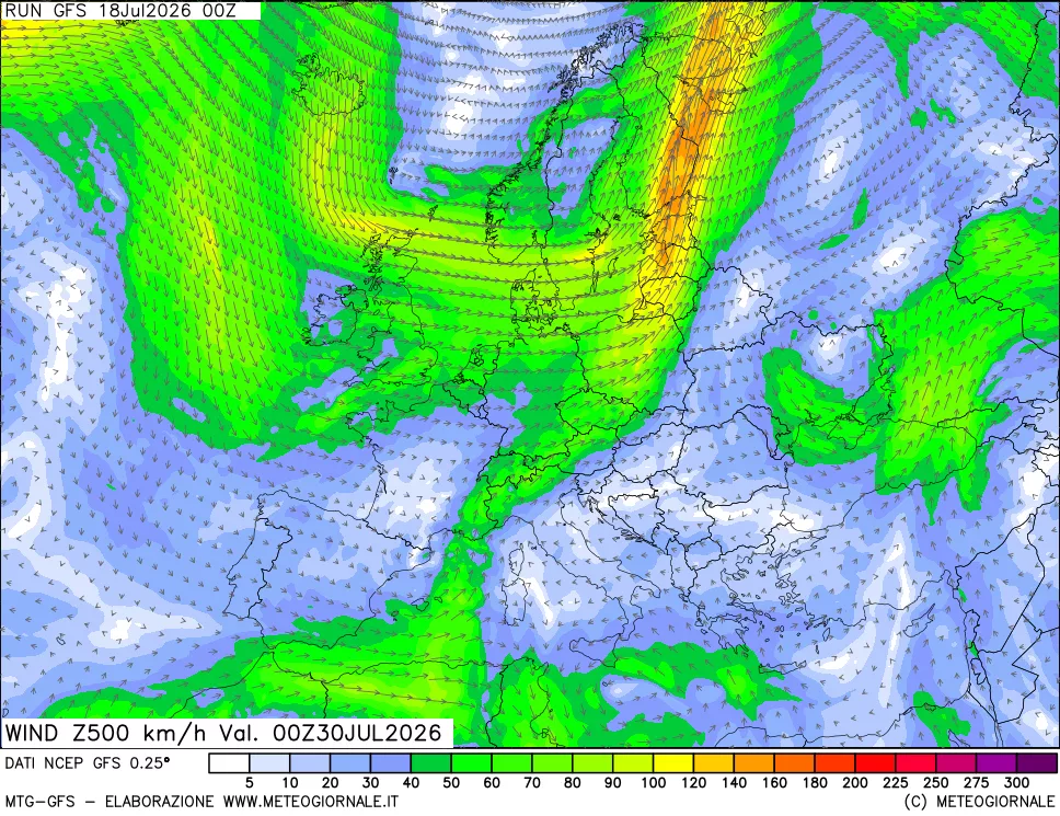 mappa 500 hPa Vento forza e direzione