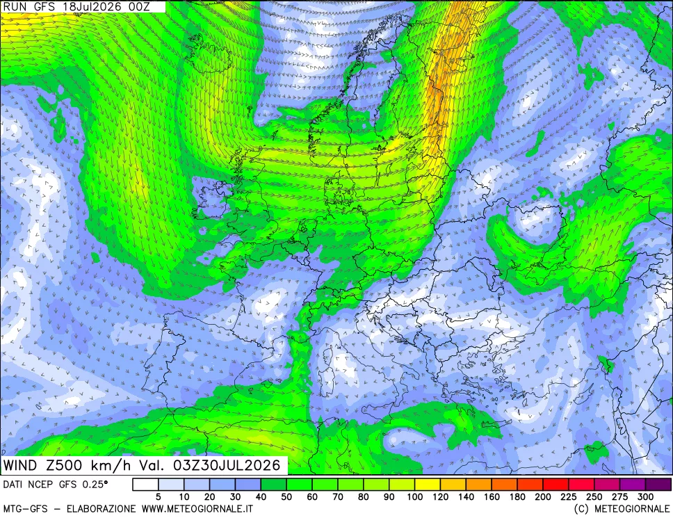 mappa 500 hPa Vento forza e direzione