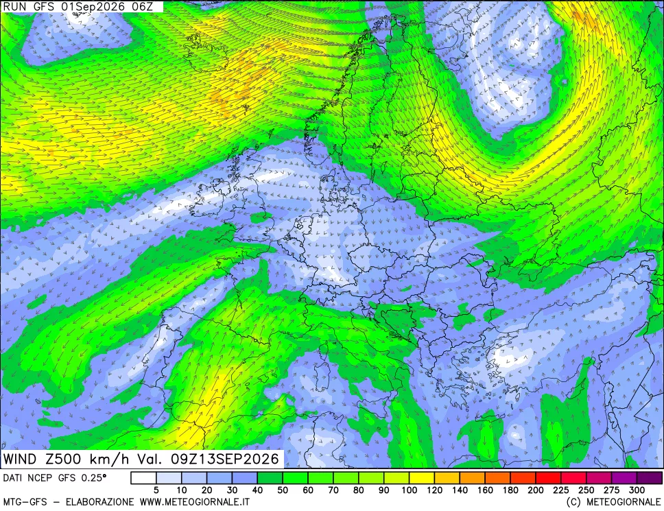 mappa 500 hPa Vento forza e direzione