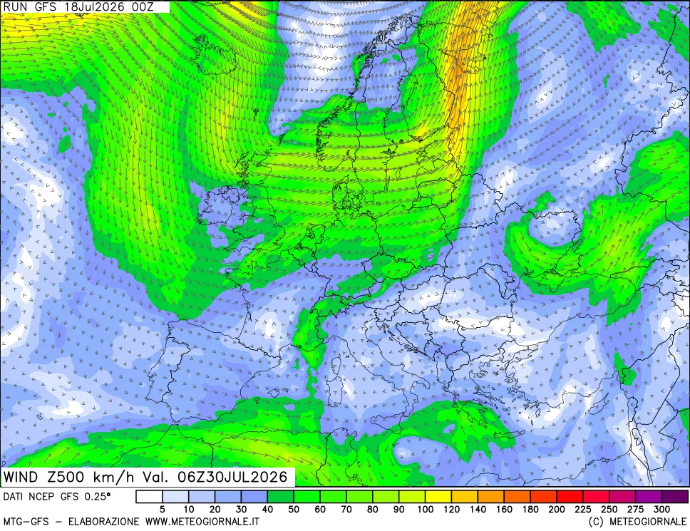 mappa 500 hPa Vento forza e direzione
