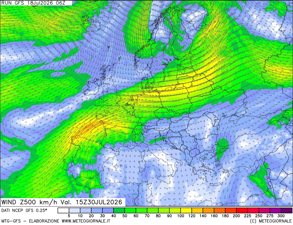 mappa 500 hPa Vento forza e direzione