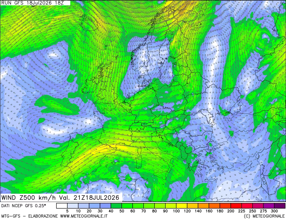 mappa 500 hPa Vento forza e direzione