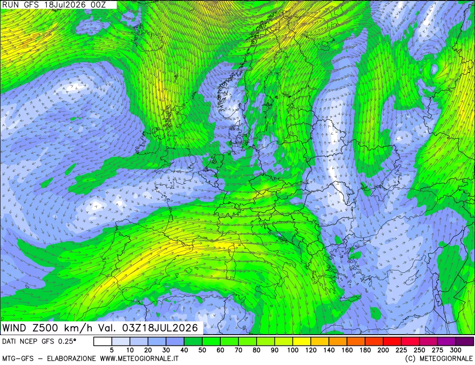 mappa 500 hPa Vento forza e direzione
