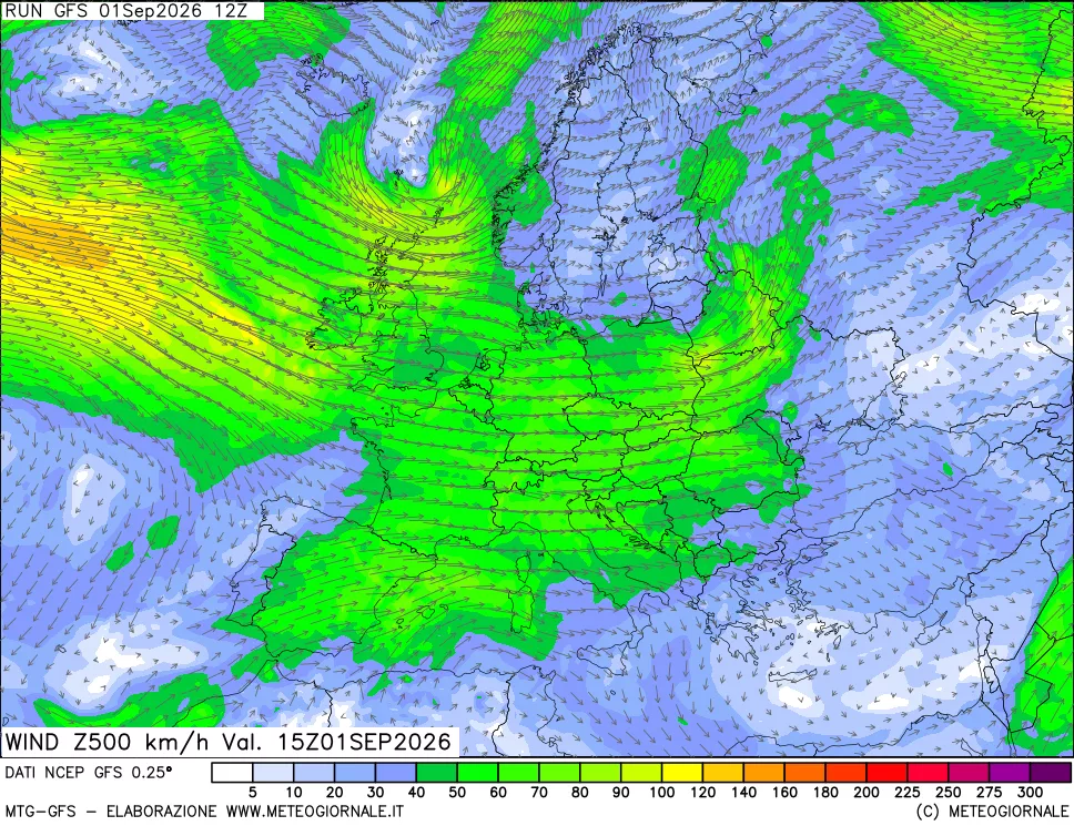 mappa 500 hPa Vento forza e direzione