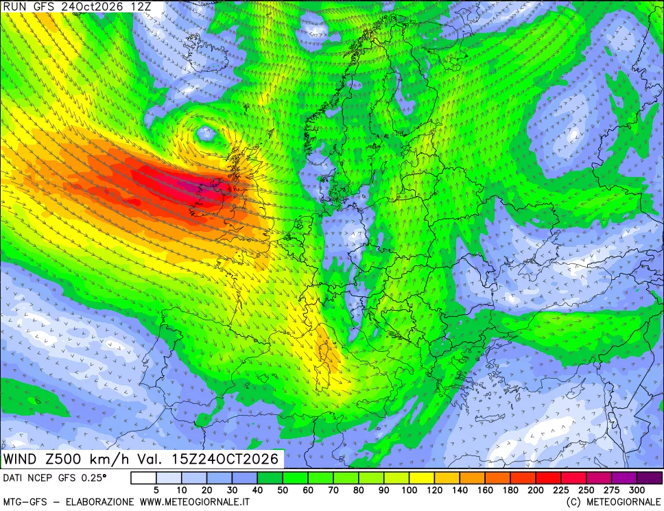 mappa 500 hPa Vento forza e direzione