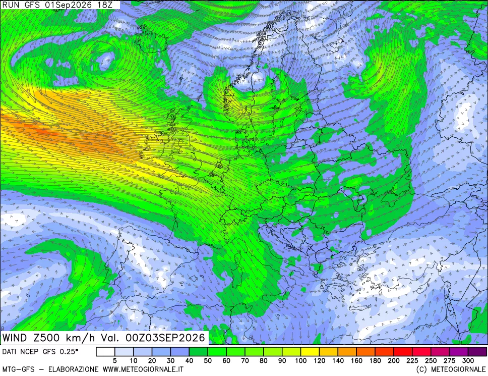 mappa 500 hPa Vento forza e direzione