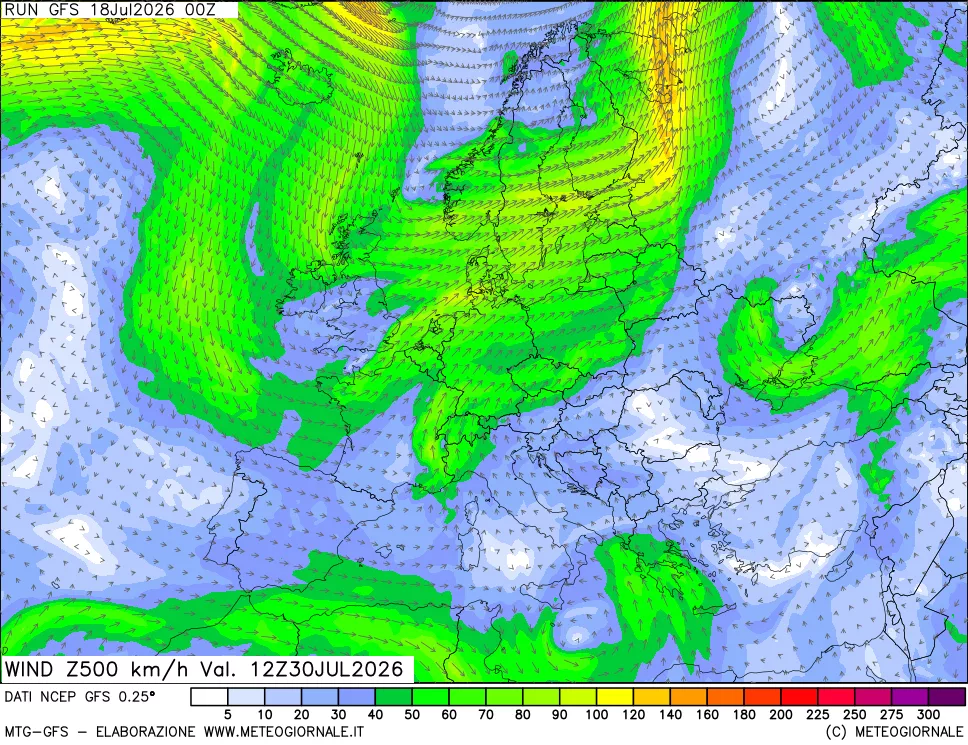 mappa 500 hPa Vento forza e direzione