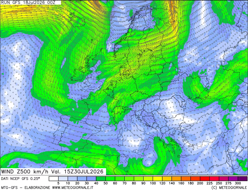 mappa 500 hPa Vento forza e direzione