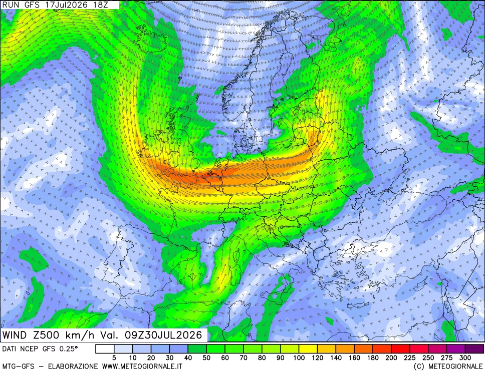 mappa 500 hPa Vento forza e direzione