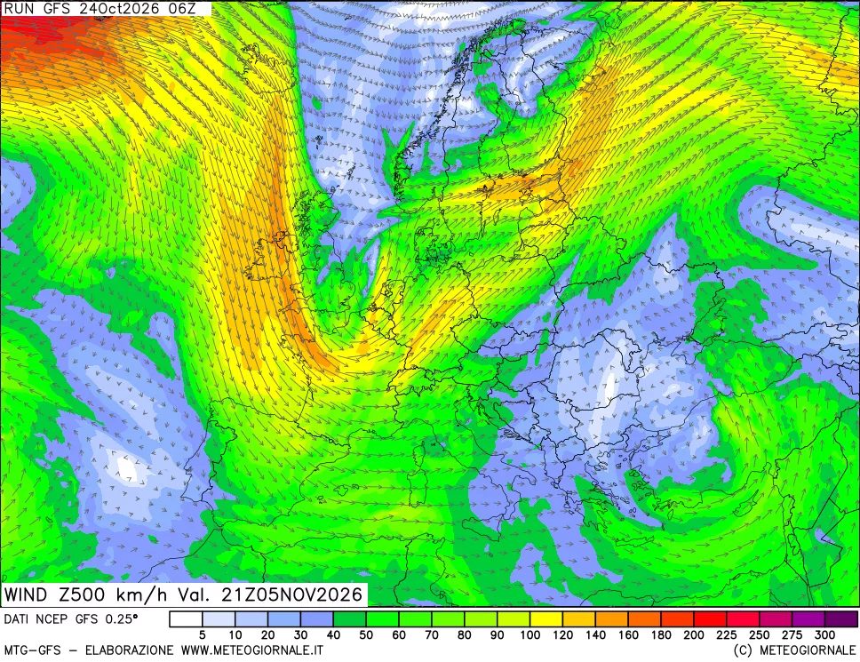 mappa 500 hPa Vento forza e direzione