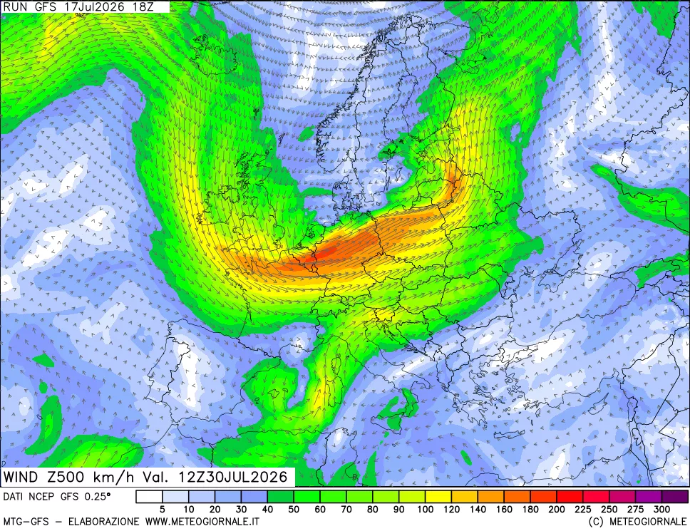 mappa 500 hPa Vento forza e direzione