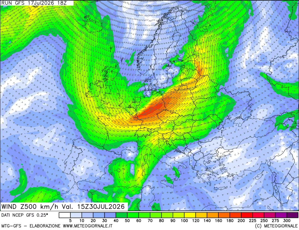mappa 500 hPa Vento forza e direzione