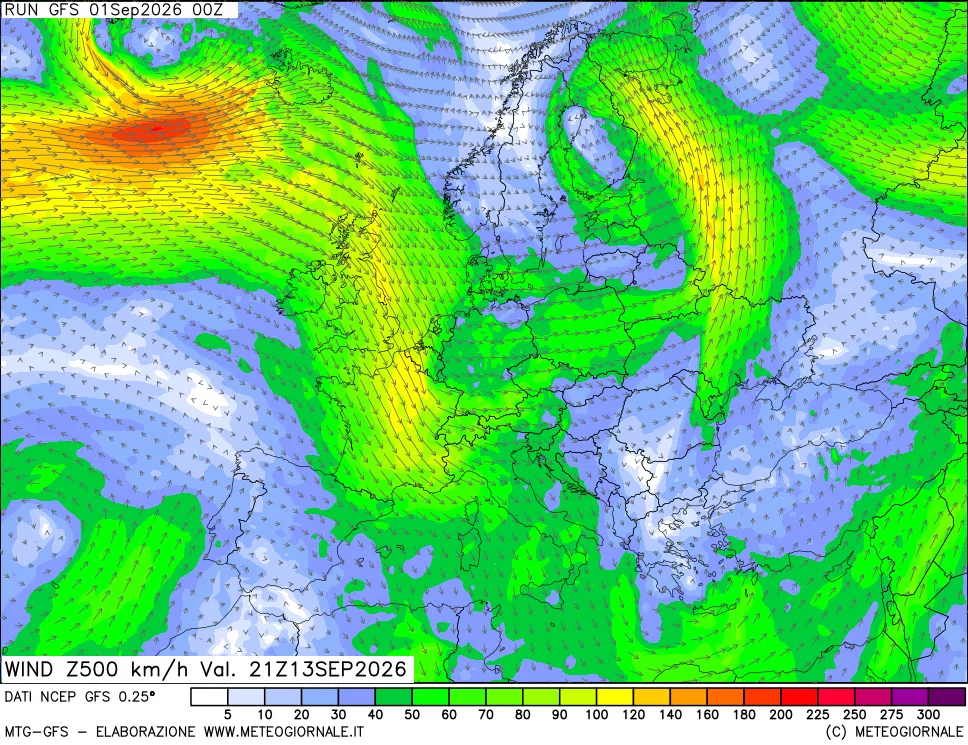 mappa 500 hPa Vento forza e direzione