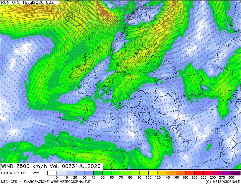 mappa 500 hPa Vento forza e direzione