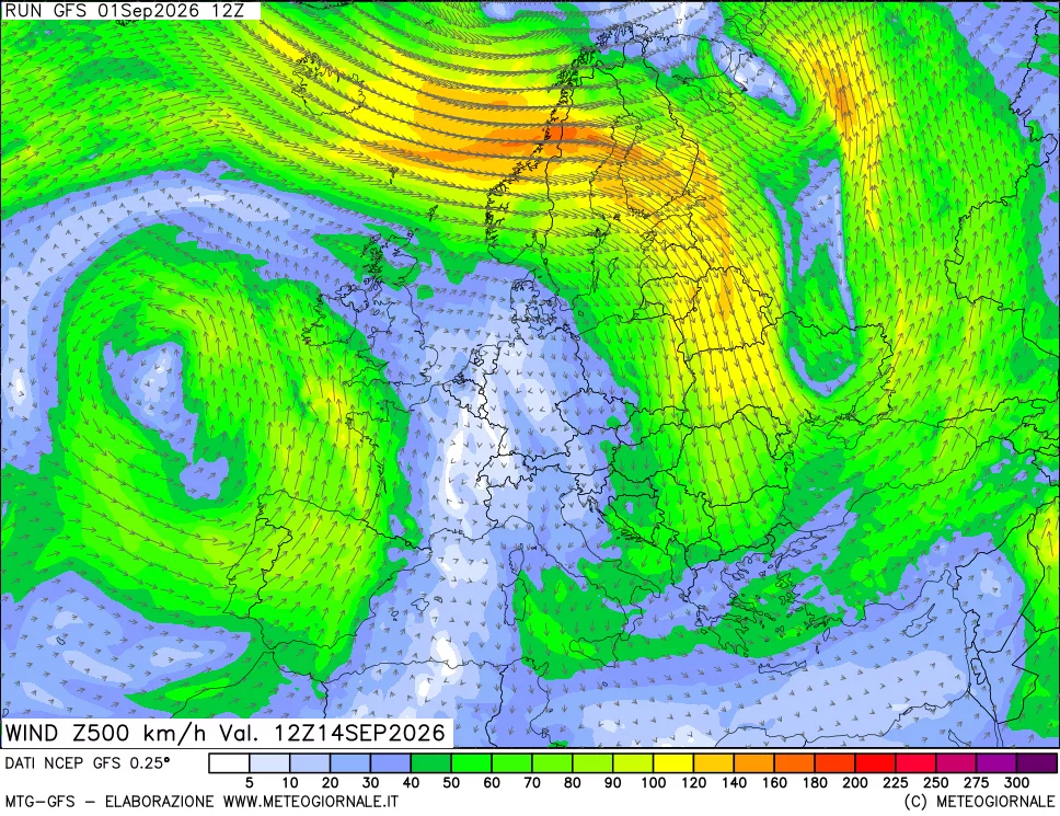 mappa 500 hPa Vento forza e direzione
