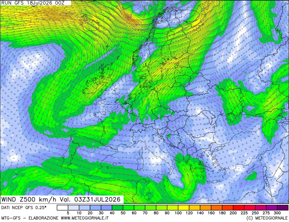 mappa 500 hPa Vento forza e direzione