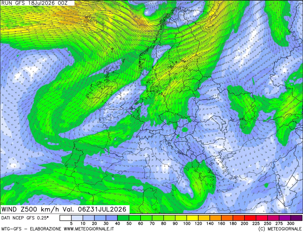 mappa 500 hPa Vento forza e direzione
