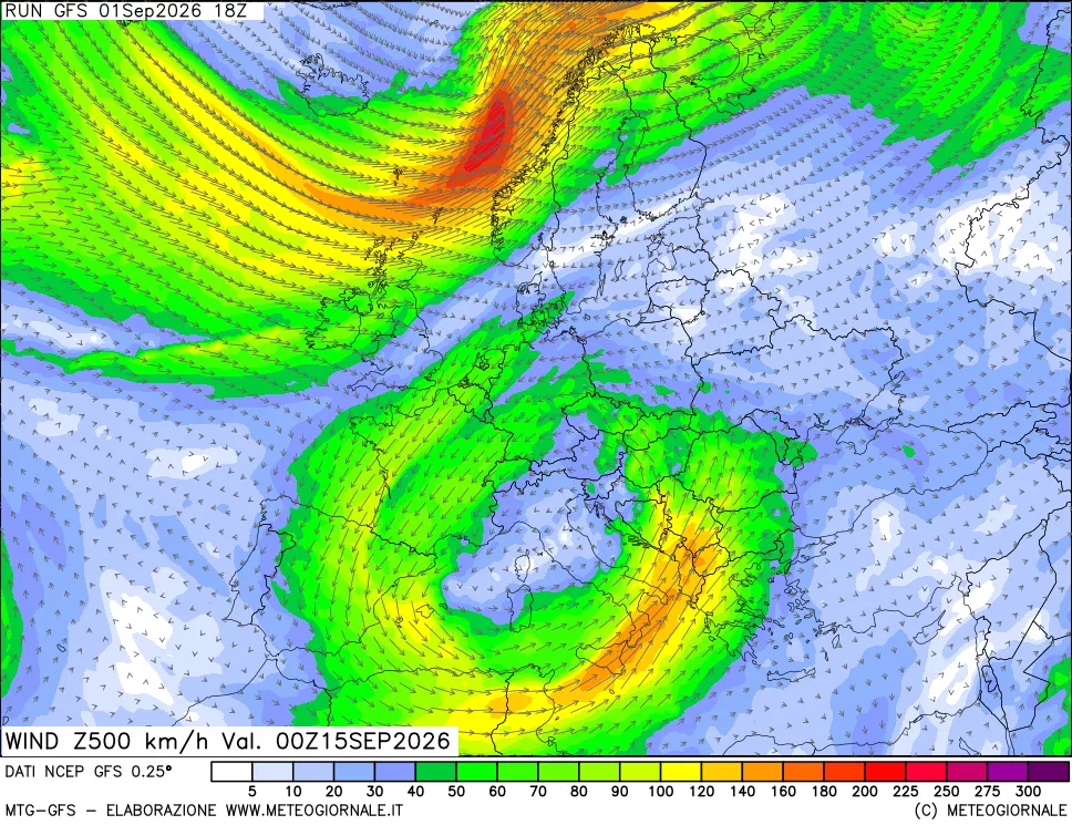 mappa 500 hPa Vento forza e direzione