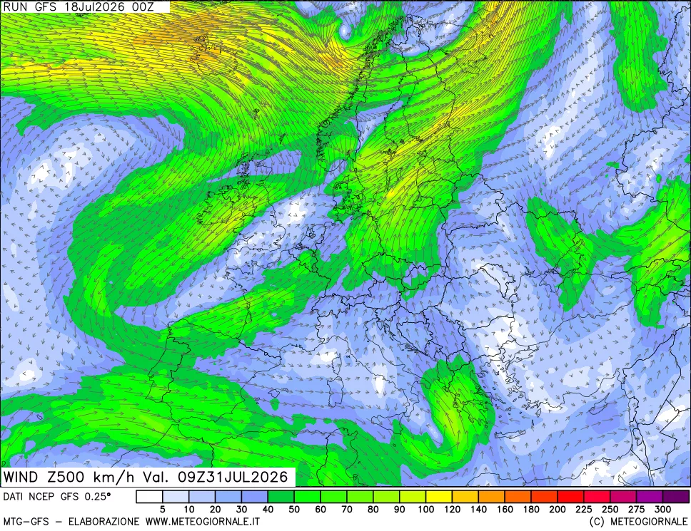 mappa 500 hPa Vento forza e direzione