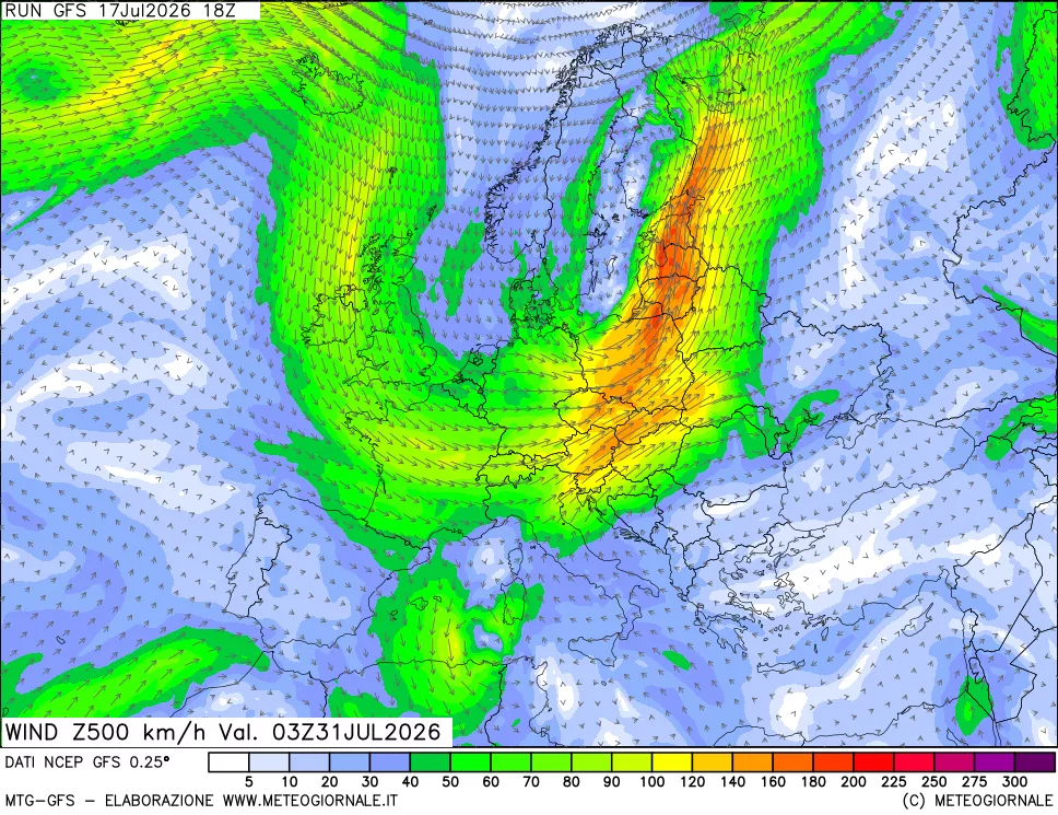 mappa 500 hPa Vento forza e direzione