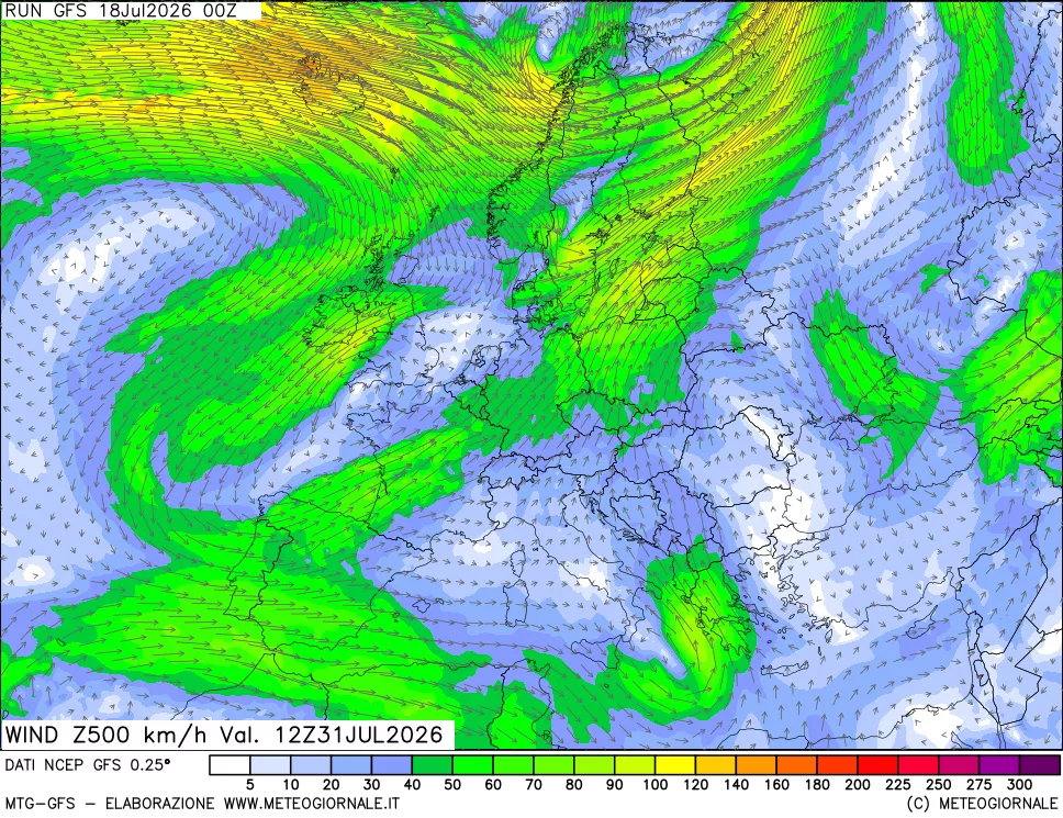 mappa 500 hPa Vento forza e direzione