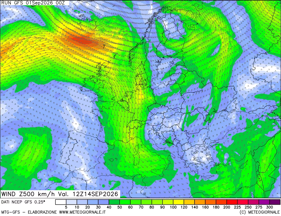mappa 500 hPa Vento forza e direzione