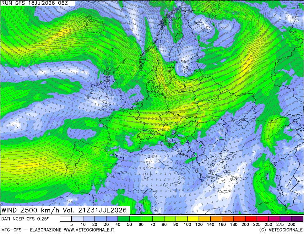 mappa 500 hPa Vento forza e direzione