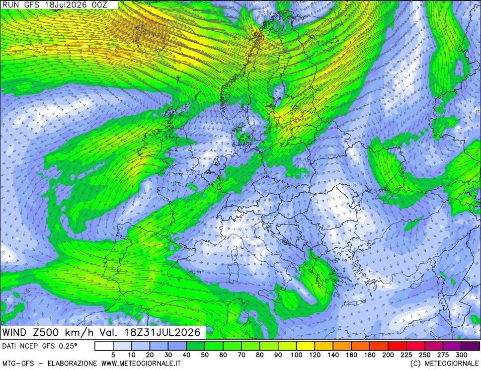 mappa 500 hPa Vento forza e direzione
