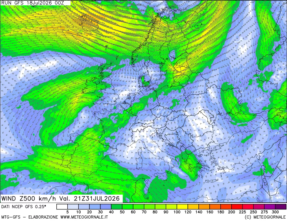 mappa 500 hPa Vento forza e direzione