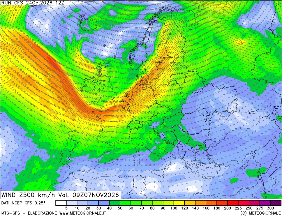 mappa 500 hPa Vento forza e direzione