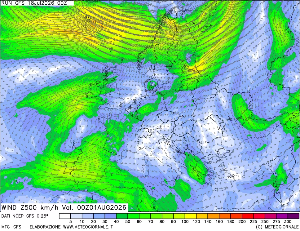 mappa 500 hPa Vento forza e direzione
