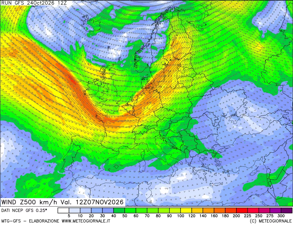 mappa 500 hPa Vento forza e direzione