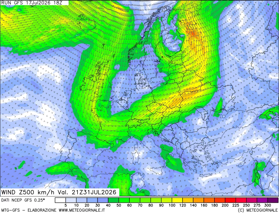 mappa 500 hPa Vento forza e direzione