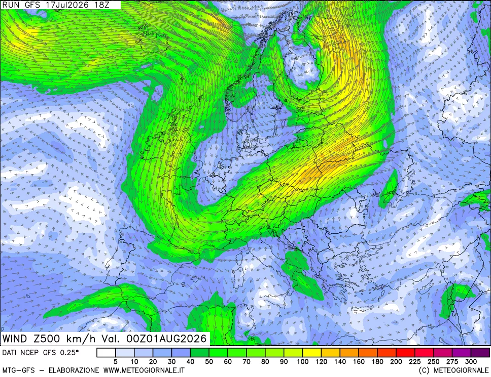 mappa 500 hPa Vento forza e direzione