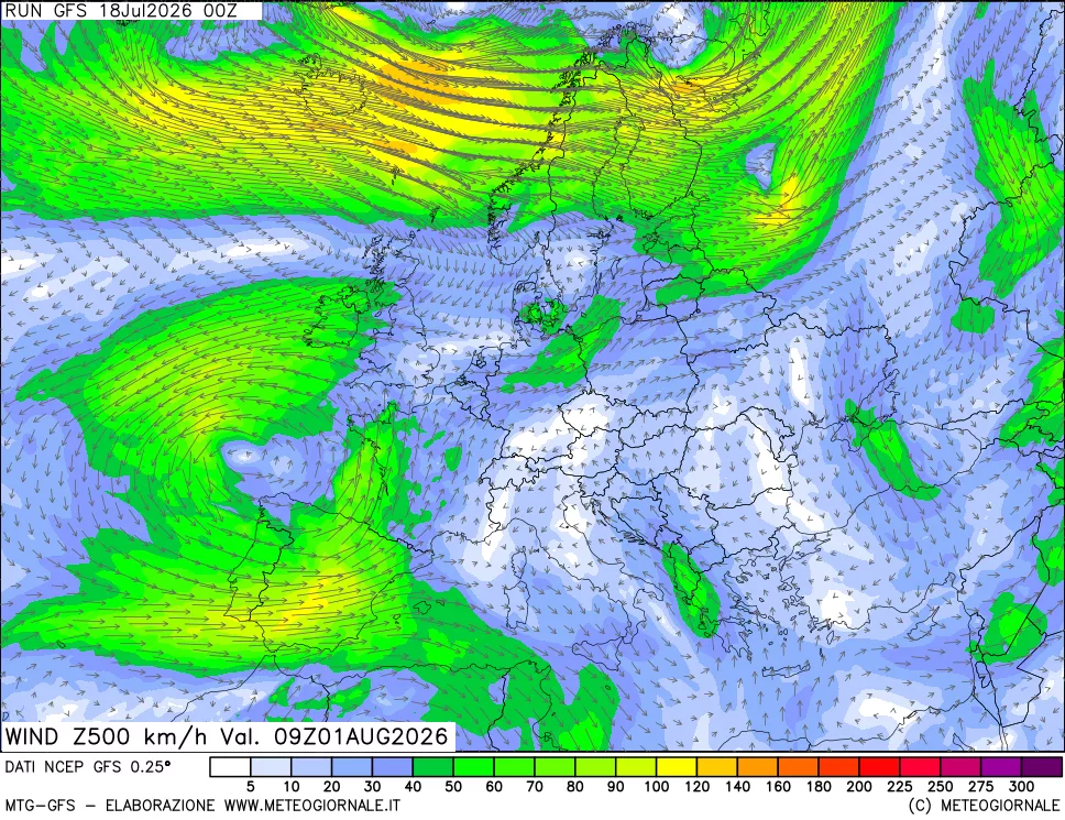 mappa 500 hPa Vento forza e direzione