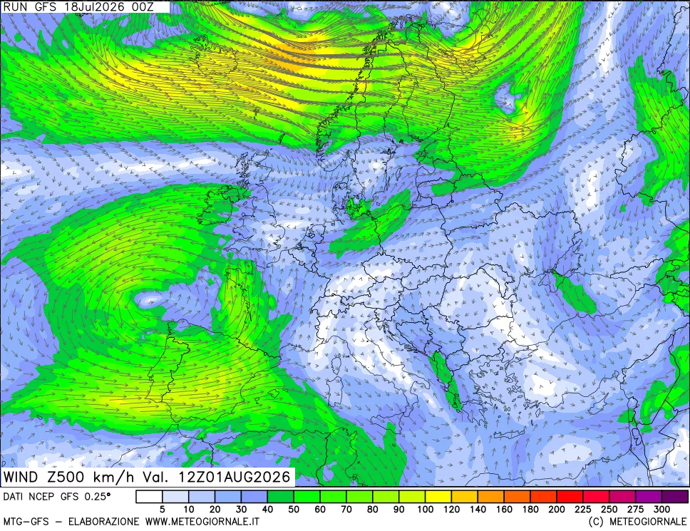 mappa 500 hPa Vento forza e direzione