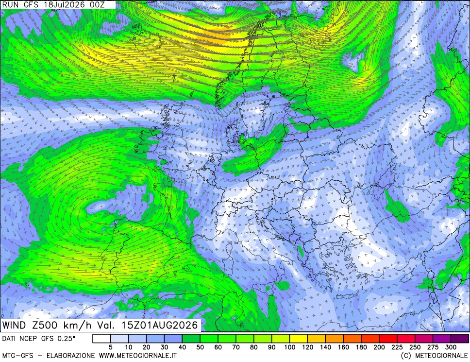 mappa 500 hPa Vento forza e direzione