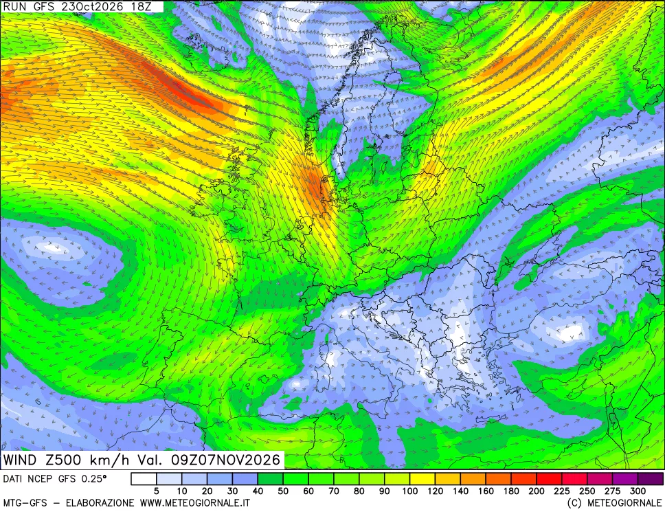 mappa 500 hPa Vento forza e direzione