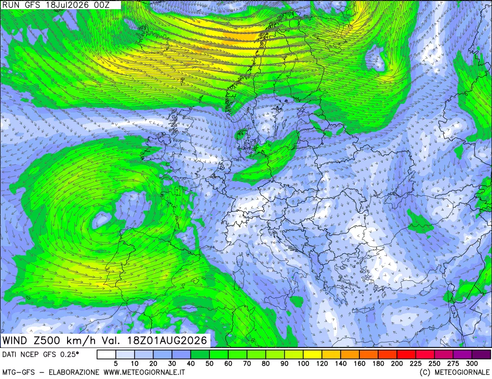 mappa 500 hPa Vento forza e direzione