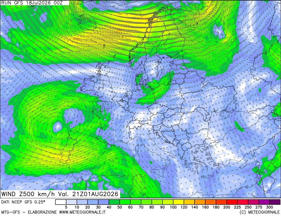 mappa 500 hPa Vento forza e direzione
