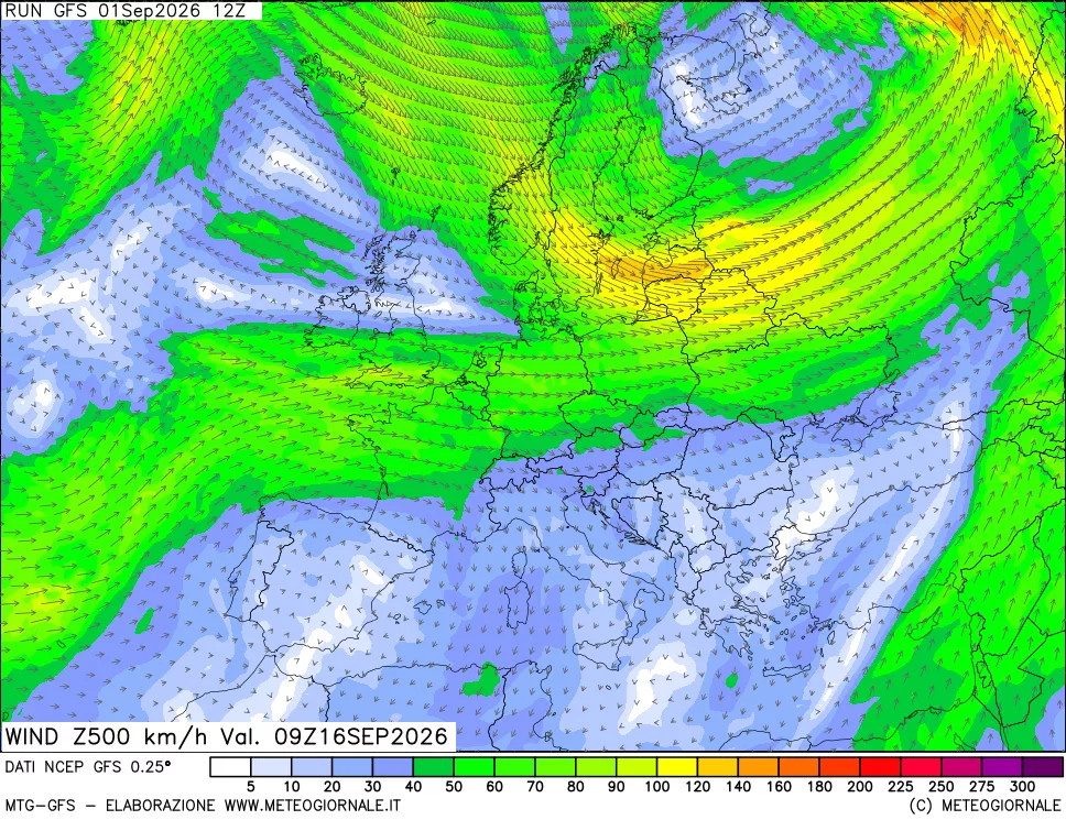 mappa 500 hPa Vento forza e direzione