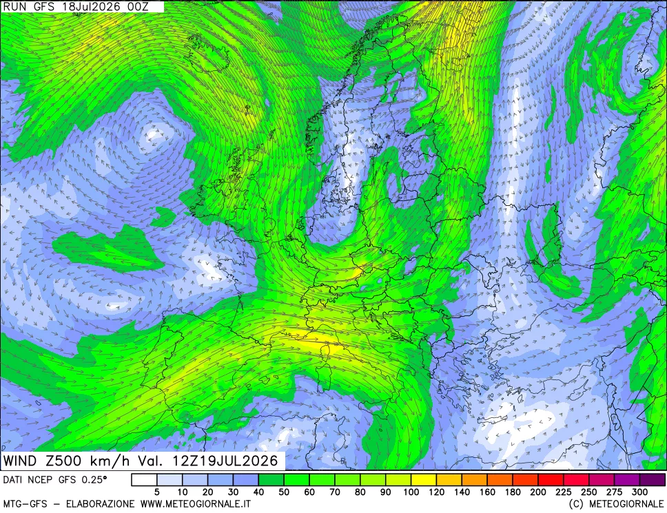 mappa 500 hPa Vento forza e direzione