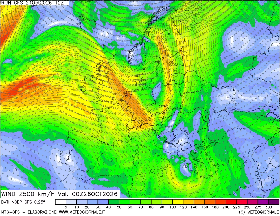 mappa 500 hPa Vento forza e direzione