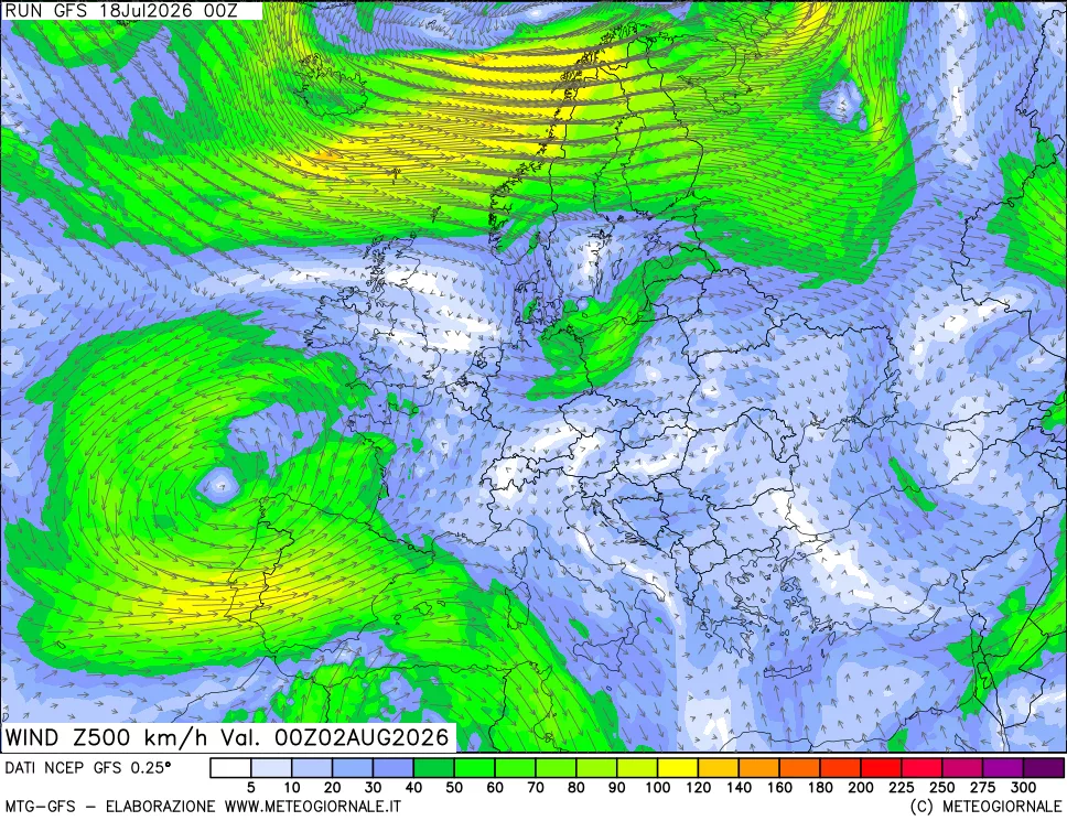 mappa 500 hPa Vento forza e direzione