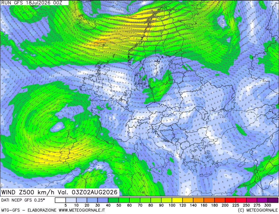 mappa 500 hPa Vento forza e direzione