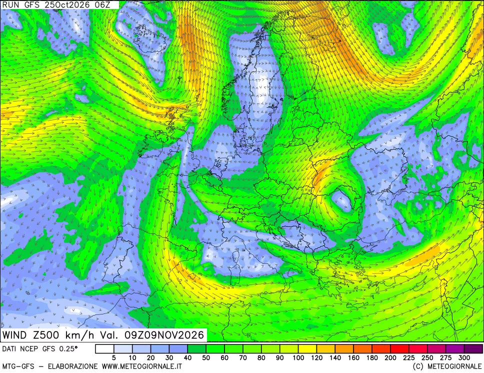 mappa 500 hPa Vento forza e direzione