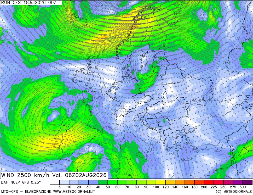 mappa 500 hPa Vento forza e direzione