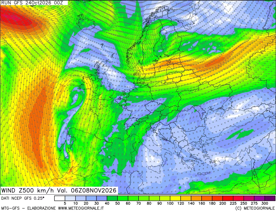 mappa 500 hPa Vento forza e direzione